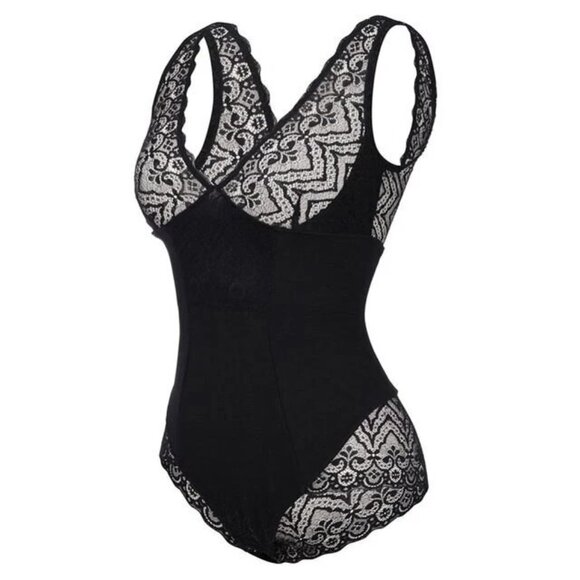 🖤 Lace Patchwork Close Fitting Deep V-Neck Plunging Back Bodysuit Shapewear - Picture 4 of 8